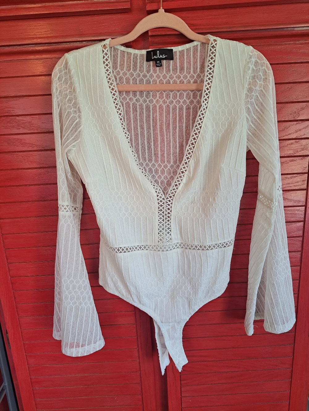 Lulu's White M bodysuit Blouse Sheer Long Flare Sleeves